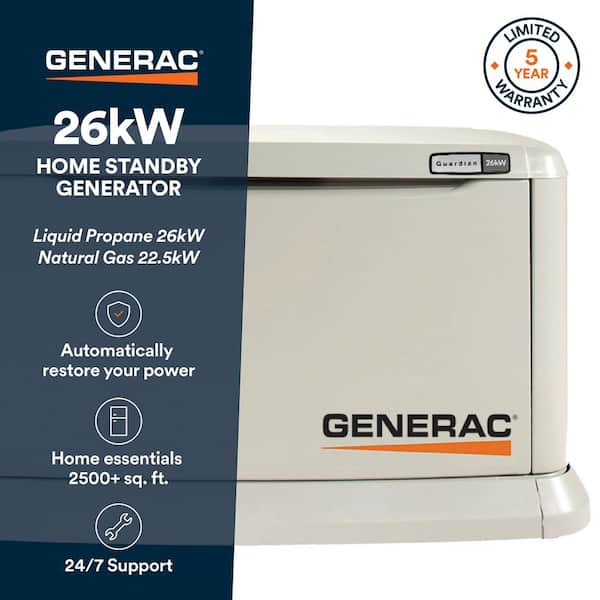 26,000 Watt - Dual Fuel Air- Cooled Whole House Home Standby Generator, Smart Home Monitoring & 200-AMP Transfer Switch