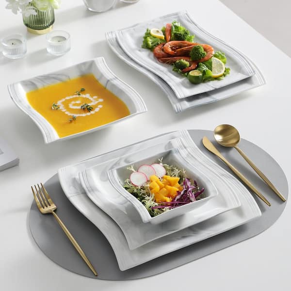 MALACASA Dinnerware Sets, Porcelain Tableware Set Marble Grey, 26-Piece  Square, Series Flora, Service for 6