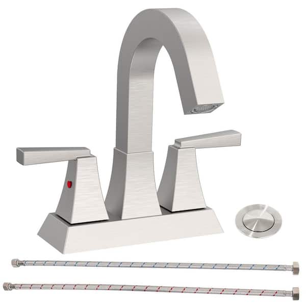 4 in. Centerset 2-Handle Bathroom Faucet with Sink Drain, Overflow Hole and 2 Supply Lines Included, Brushed Nickel