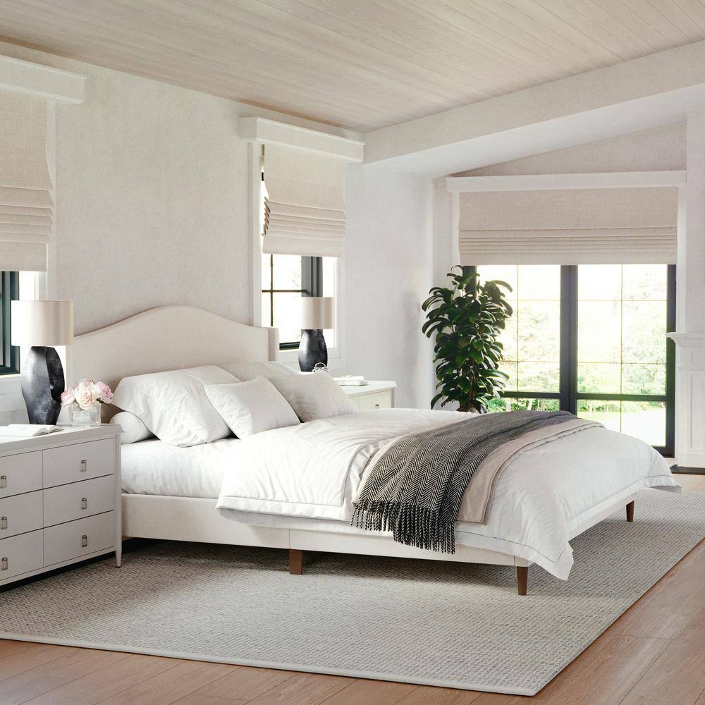 King Beige Linen Upholstered Platform Bed with Wood Frame