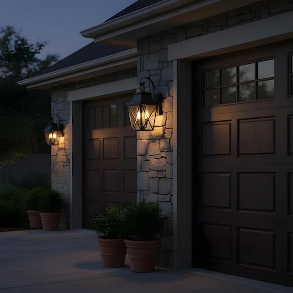 15.9 in. 2-Light Black Industrial Style Outdoor Wall Sconce with Glass Shade(1-Pack)