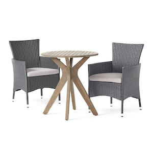 Jillian Gray 3-Piece Wood and Plastic Outdoor Bistro Set with Silver Cushions