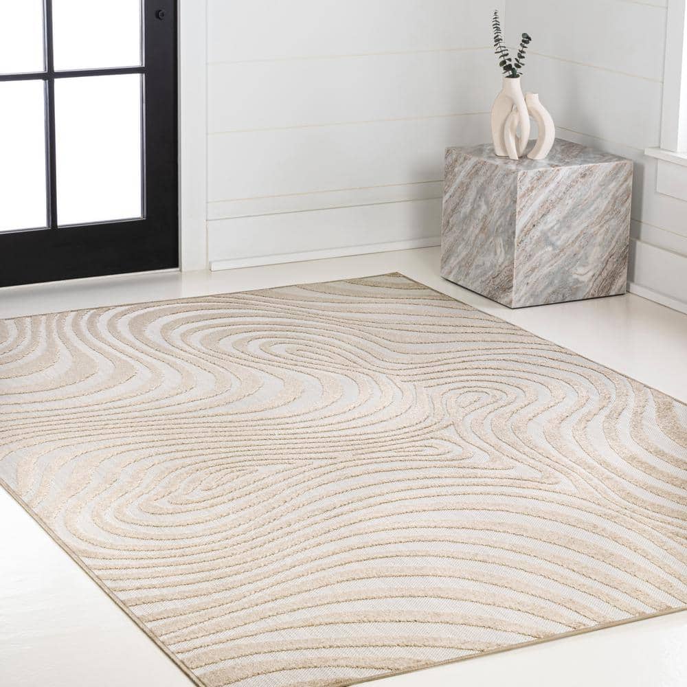 Beige and Cream High-Low Striped 3x5 Synthetic Area Rug
