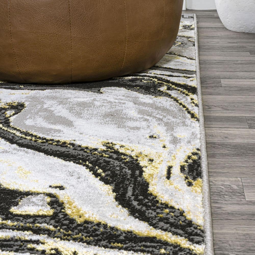 Abstract Swirl Marbled 5x8 Black/Yellow Synthetic Area Rug