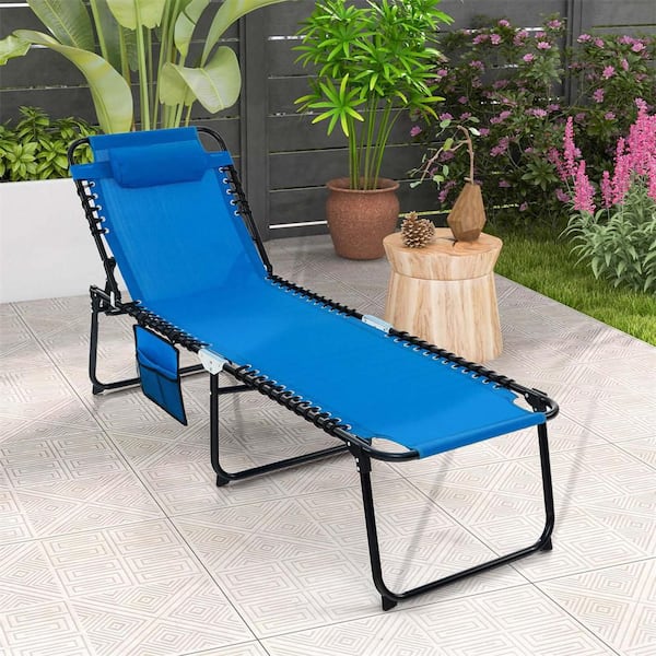 Metal Outdoor Chaise Lounge Chair Portable Sun Lounger with Adjustable Backrest in Navy