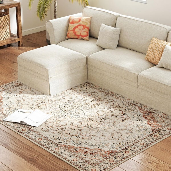 Non-Slip Classical Floor Cover Foldable Carpet 4 ft. x 6 ft. Mixed Brown Floral Washable Area Runner Rug