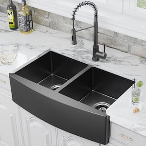 Gunmetal Black Stainless Steel 33 in. 18-Gauge Double Bowl Farmhouse Kitchen Sink with Black Spring Neck Faucet