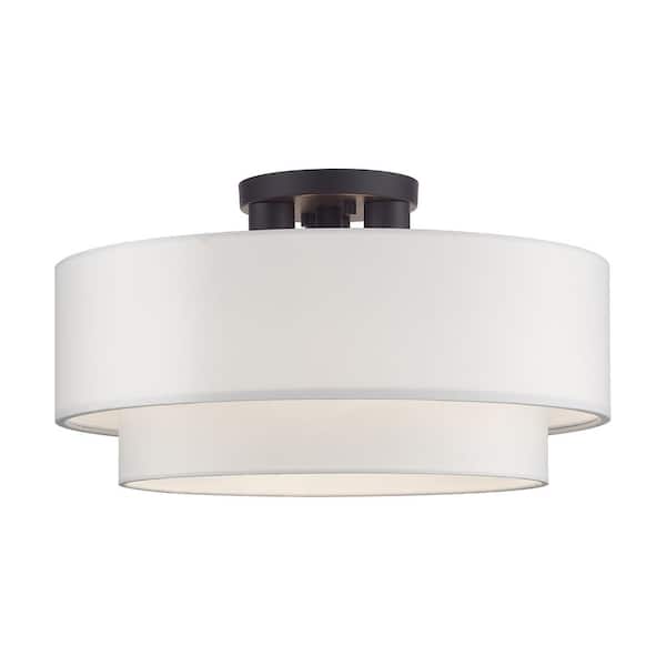 Livex Lighting Manorwood 3-Light Bronze Semi Flush Mount with Off-White Fabric Shade