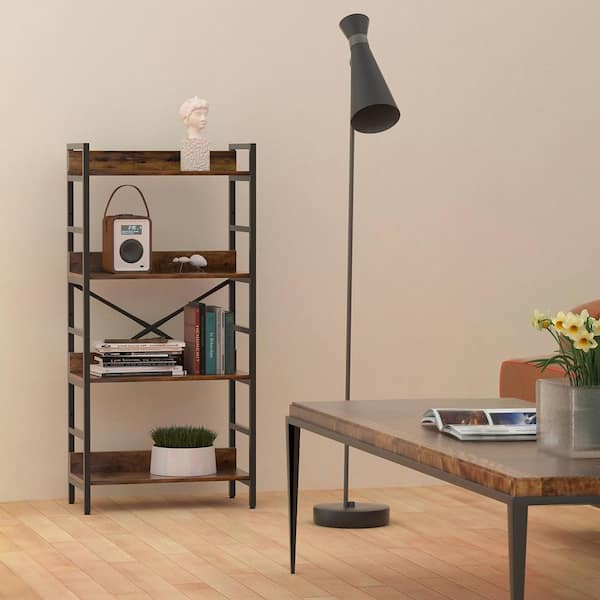 FUFU&GAGA 49 in. Tall Black Metal Frame 4-Shelf Wooden Accent Bookcase with Open Shelves, for Home Office, Study