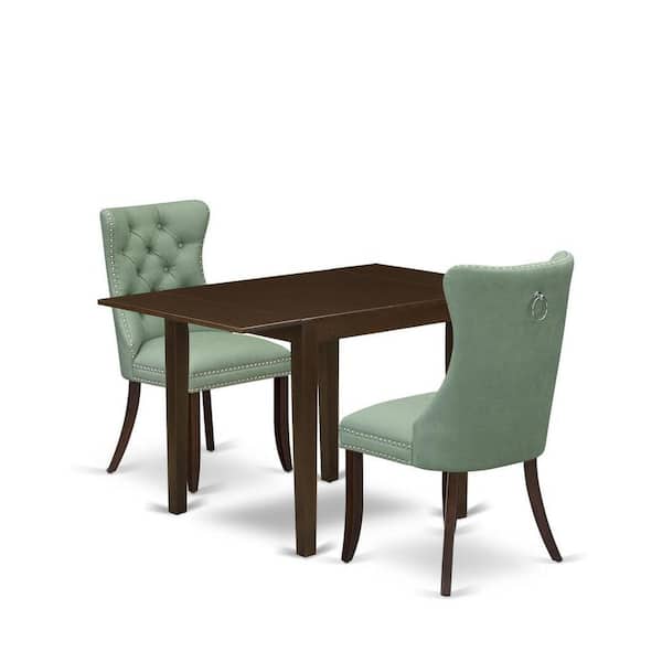 East West Furniture 3-Piece Mahogany Finish Rectangular Solid Wood Top with Dropleaf Dining Table Set
