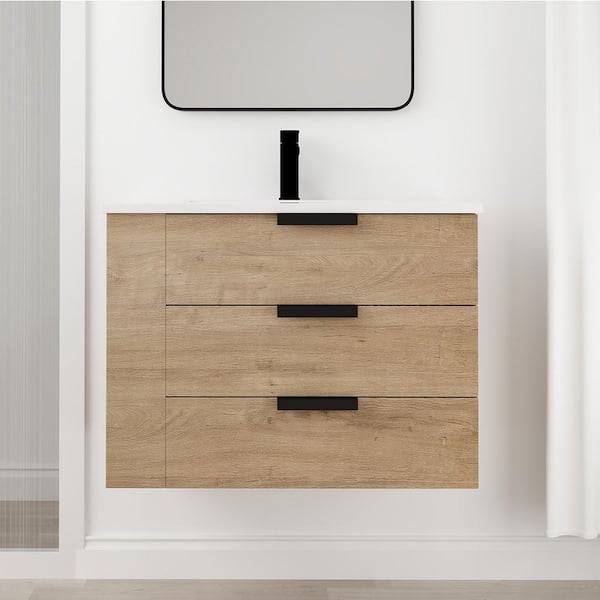 Staykiwi 30 in. W x 18.3 in. D x 23 in. H Single Sink Wall-mounted Bathroom Vanity in Imitative Oak with White Resin Top