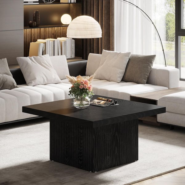 Allan 31.5 in. Black Square Wood Coffee Table with Wave-Fluted Base, Vintage Large Cocktail Table for Living Room