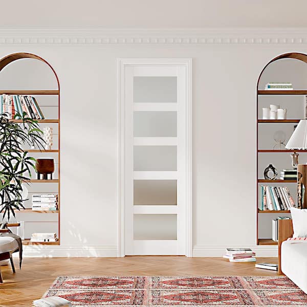 30 in. x 80 in. 5-Panel Frosted Glass Prehung Interior Door Left-Handed MDF White with Door Jamb and Hardware Kit