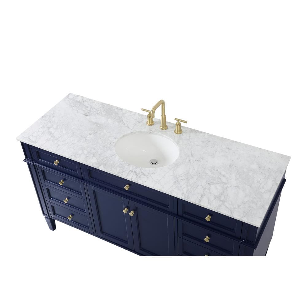 Blue Solid Wood MDF Marble Single Bathroom Vanity with Brushed Gold Hardware