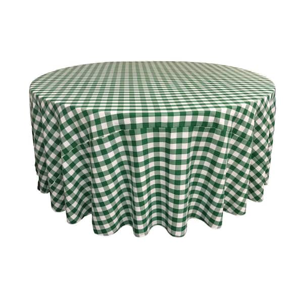 132 in. White and Hunter Green Polyester Gingham Checkered Round Tablecloth