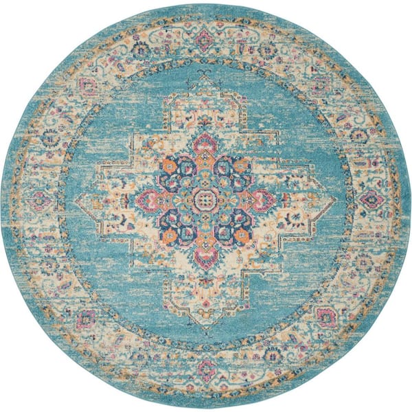 Nourison Passion Light Blue 8 ft. x 8 ft. Persian Modern Transitional Round Area Rug