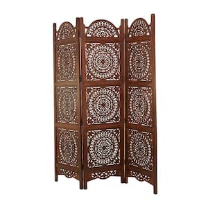 6 ft. Brown 3 Panel Floral Hinged Foldable Partition Room Divider Screen with Intricately Carved Designs