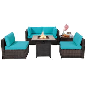 6-Pieces Wicker Patio Conversation Set With 30 in. Gas Fire Pit Table 50,000 BTU Turquoise Cushions