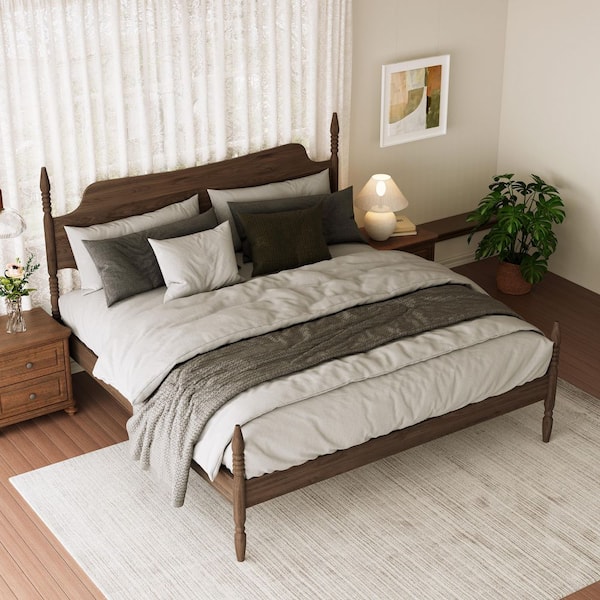 Gavo Country Brown Wood Frame King Size Four Poster Spindle Platform Bed with Curved Tall Headboard, Walnut Finish