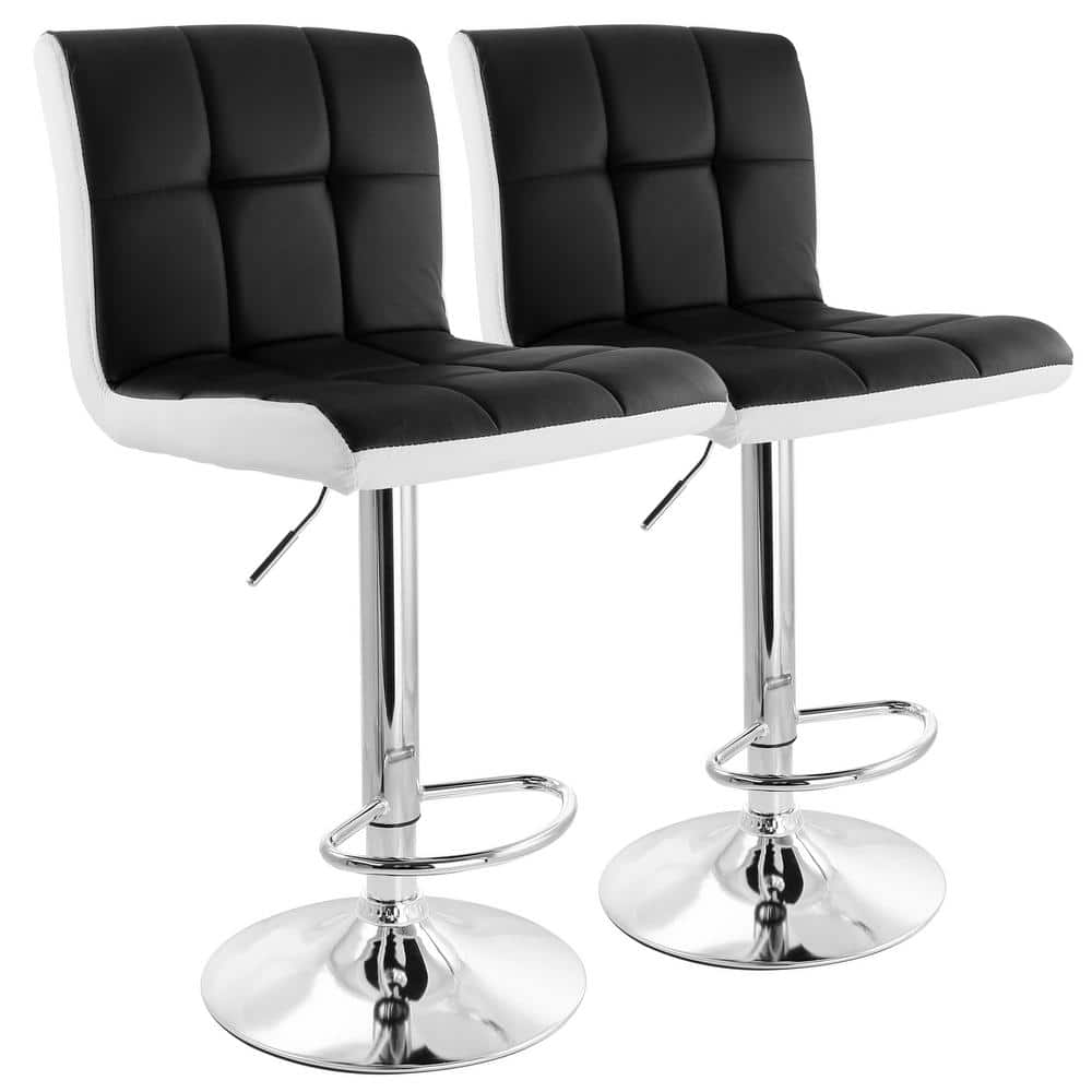 24 in. Black and White High Back Faux Leather Tufted Metal Bar Stool in wit