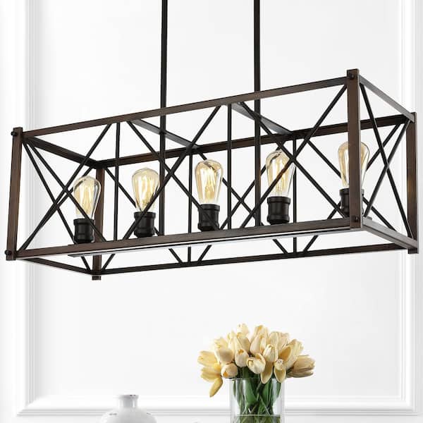 Galax 30 in. 5-Light Brown/Oil Rubbed Bronze Adjustable Iron Farmhouse Industrial LED Dimmable Pendant
