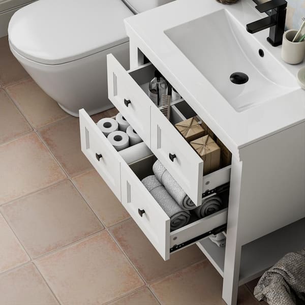 30 in. W x 17.7 in. D x 34 in. H 1-Sink Freestanding Bath Vanity in White with White Ceramic Top and Drain Faucet Set
