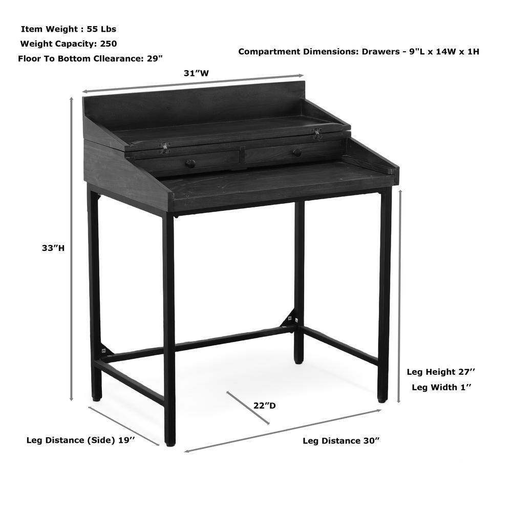 Chestnut Mango Wood Writing Desk with Black Iron Frame and Drawers