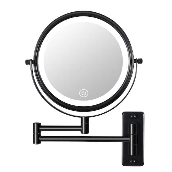 Tileon 21.2 in. W x 12 in. H Small Round 10X Magnifying Foldable Wall Bath Makeup Mirror with Built-in Battery in Black