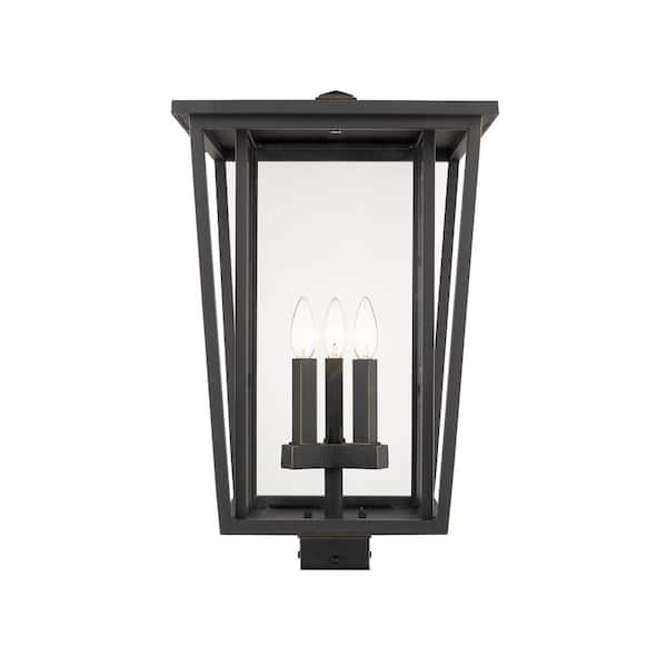 Seoul 22 in. 3-Light Bronze Aluminum Hardwired Outdoor Weather Resistant Post Light Square Fitter with No Bulb Included