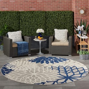 Aloha Ivory/Navy 8 ft. x 8 ft. Round Floral Modern Indoor/Outdoor Patio Area Rug