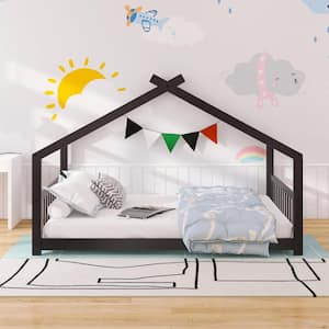 Espresso Full Size Toddlers House Bed with Headboard and Footbard, Wood House Shape Floor Kids Capony Bed Frame