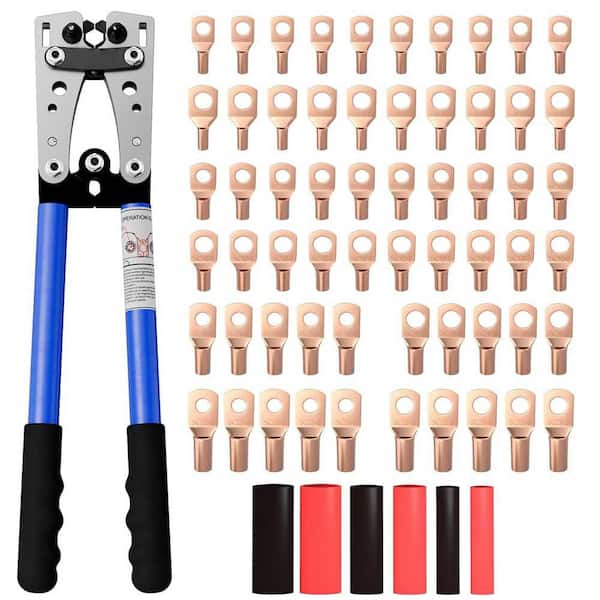Battery Cable Lug Crimping Tool Kit for AWG 8-1/0 Electrical Lug Crimper with 60pcs Wire Lugs and Heat Shrink Tubing