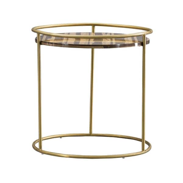Benjara 23.6 in. Gold and Brown Round Faux Marble End Table with Metal Base