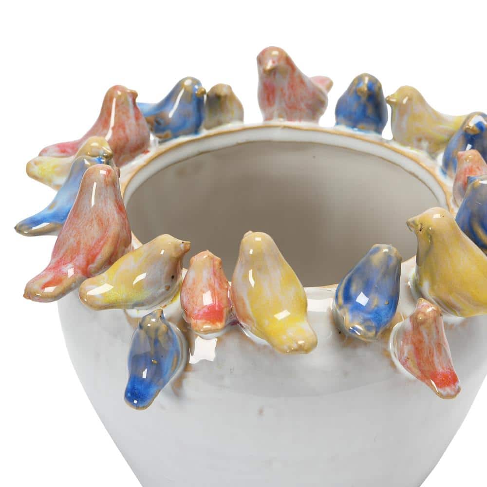 Multicolor Stoneware Planter with Birds on Rim