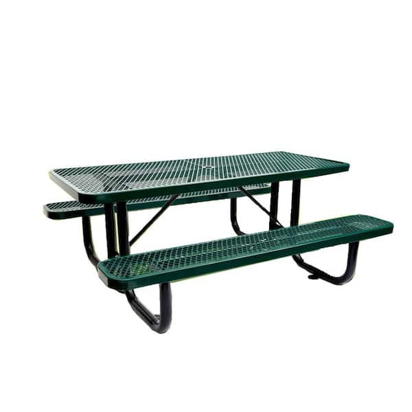 6 ft. Outdoor Garden Steel Green Picnic Table Rectangle with Umbrella Hole