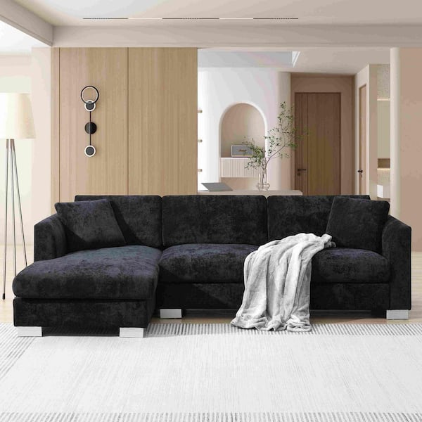 96 in. Square Arm Chenille Sectional Sofa with 2-Free Pillows in Black