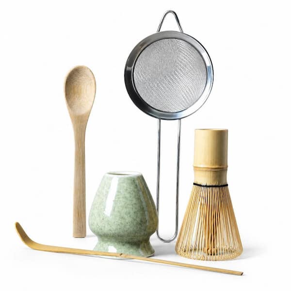 Bamboo Matcha Whisk Set with Ceramic Holder Stainless Steel Sifter Scoop Spoon Japanese Tea Tool Ceremony Gift, Green