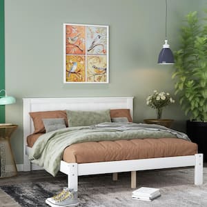 White Full Size Platform Bed Frame with Headboard