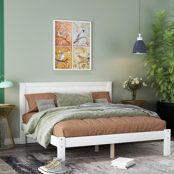GHOUSE White Full Size Platform Bed Frame with Headboard