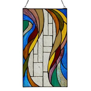 Colorful Flowing Border with Clear Geometric Center Multicolored Stained Glass Window Panel