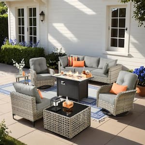 Holston 9-Piece Wicker Modern Outdoor Patio Fire Pit Conversation Sofa Set with Swivel Chairs and Dark Grey Cushions