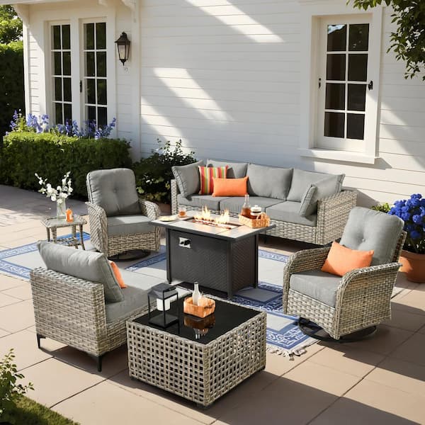 HOOOWOOO Holston 9-Piece Wicker Modern Outdoor Patio Fire Pit Conversation Sofa Set with Swivel Chairs and Dark Grey Cushions