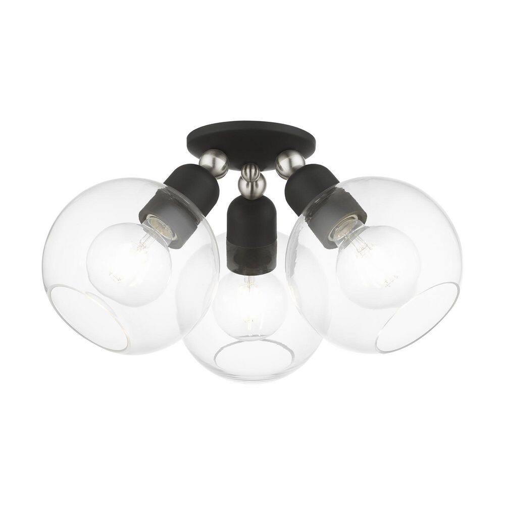 Downtown 3-Light Black and Brushed Nickel Globe Flush Mount