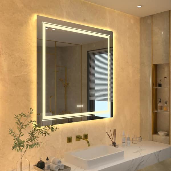32 in. W x 32 in. H Large Square Frameless Anti-Fog Stepless Dimmable  Lighted Wall Bathroom Vanity Mirror Home Spa Hotel