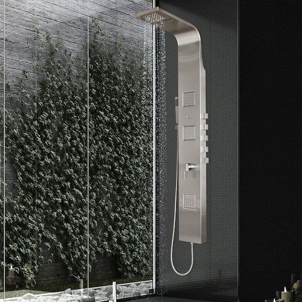Waimea 3-Jet Shower System with Rainfall and Waterfall Showerheads in Brushed Stainless Waimea 3-Jet Shower System with Rainfall and Waterfall Showerheads in Brushed Stainless