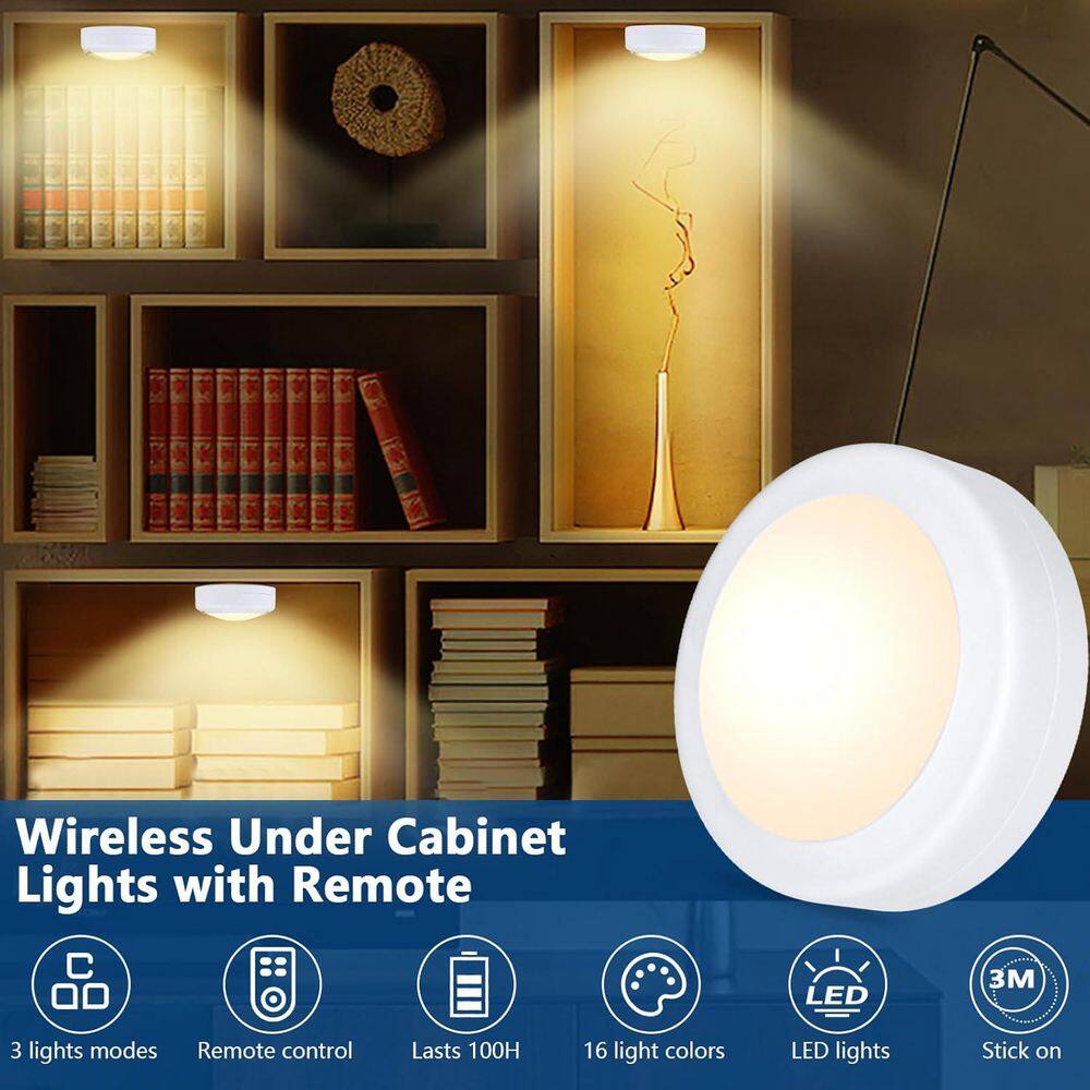 White Plastic Remote-Controlled LED Puck Lights, 12-Pack