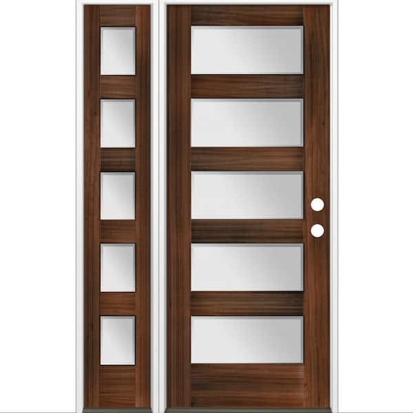 Krosswood Doors 50 in. x 80 in. Modern Hemlock 5-Lite Left-Hand/Inswing Frosted Glass Red Mahogany Stain Wood Prehung Front Door w/ LSL
