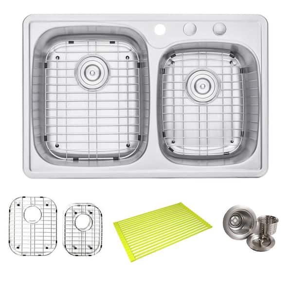 Topmount Drop In Stainless Steel 33 in. x 22 in. x 9 in. Deep 3 Faucet Holes Double Bowl 60/40 Kitchen Sink Combo