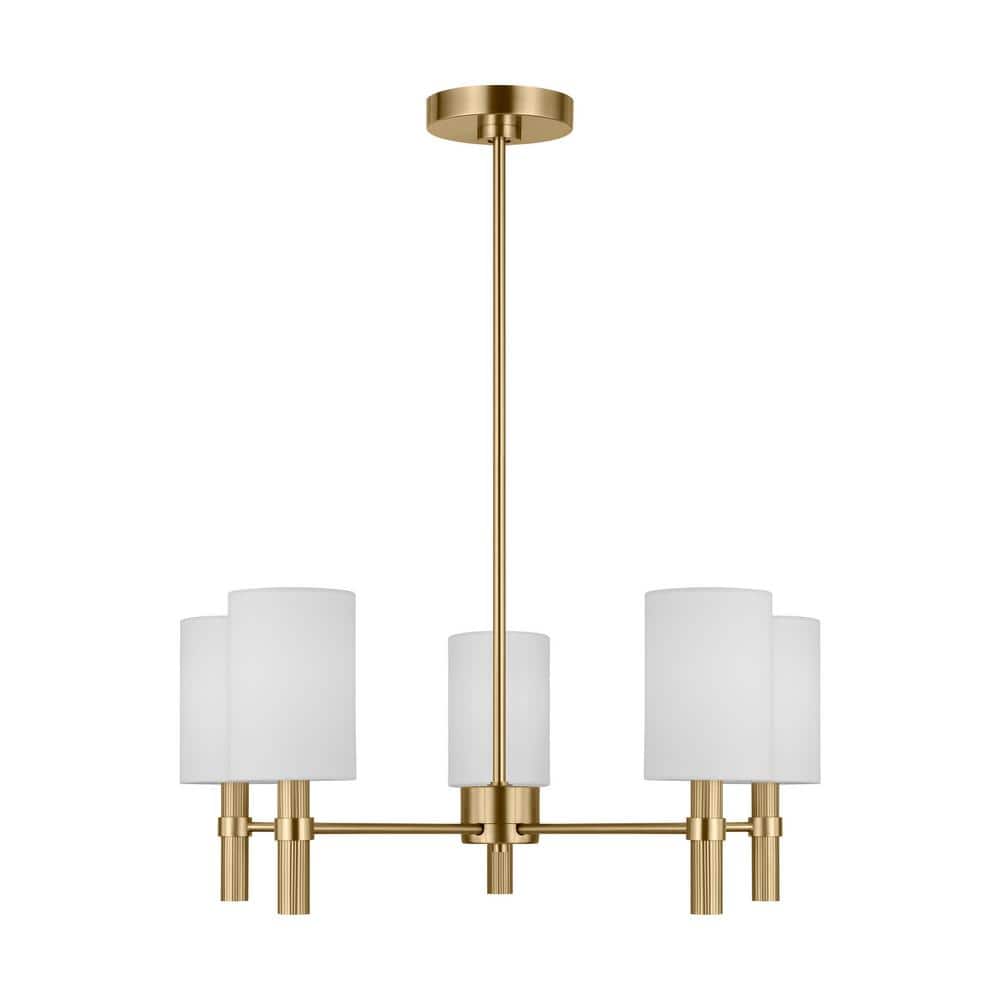 Satin Brass 5-Light Chandelier with White Linen Shades