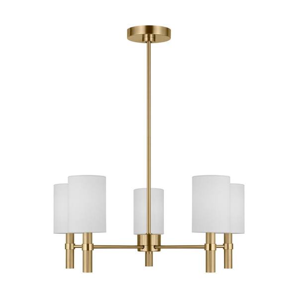 SCOTT LIVING - Manor 5-Light Satin Brass Medium Chandelier with White Linen Fabric Shades and No Bulbs Included